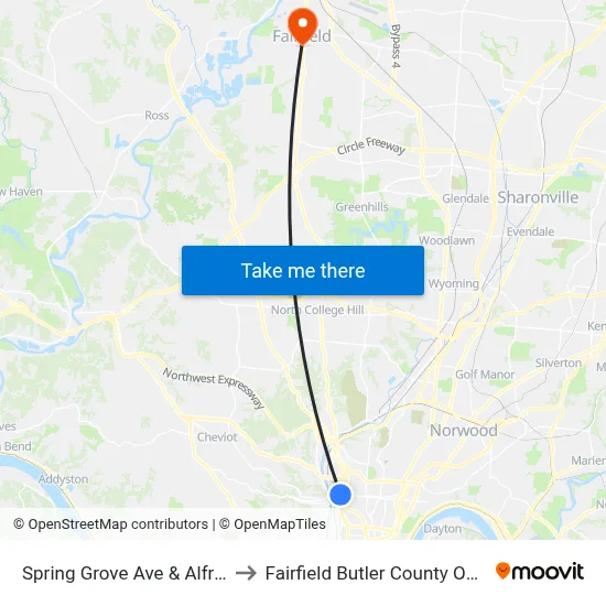 Spring Grove Ave & Alfred St to Fairfield Butler County OH USA map