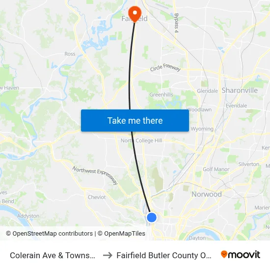 Colerain Ave & Township St to Fairfield Butler County OH USA map