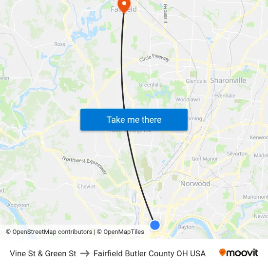 Vine St & Green St to Fairfield Butler County OH USA map