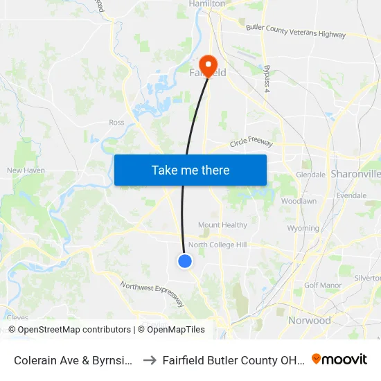 Colerain Ave & Byrnside Dr to Fairfield Butler County OH USA map