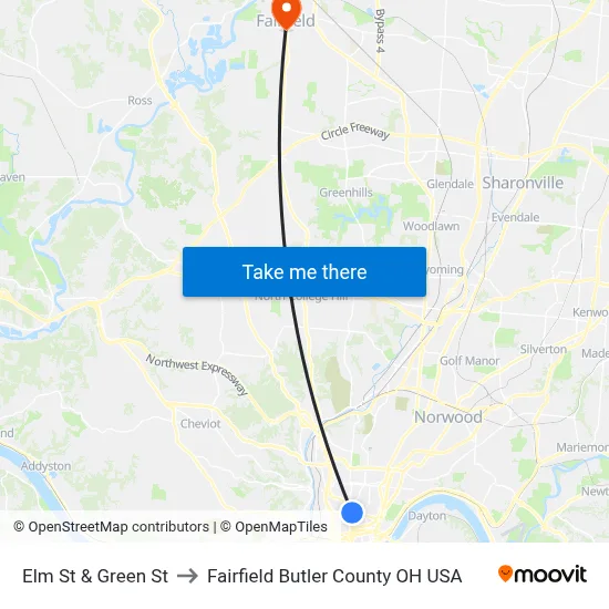Elm St & Green St to Fairfield Butler County OH USA map