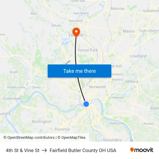 4th St & Vine St to Fairfield Butler County OH USA map
