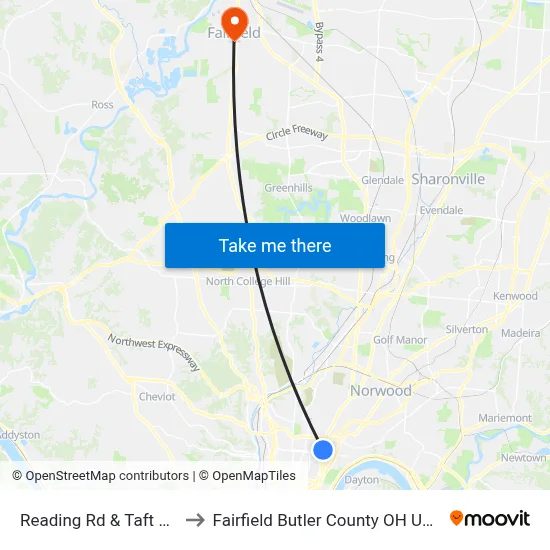 Reading Rd & Taft Rd to Fairfield Butler County OH USA map