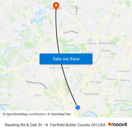 Reading Rd & Oak St to Fairfield Butler County OH USA map