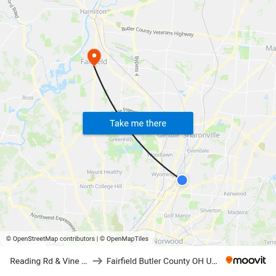 Reading Rd & Vine St to Fairfield Butler County OH USA map