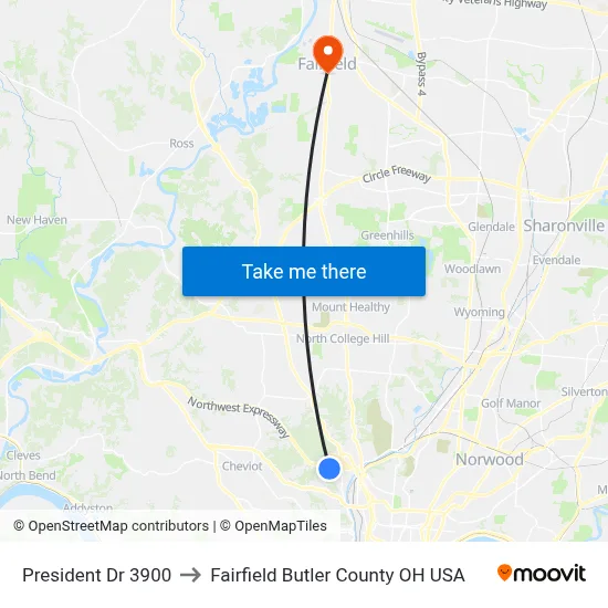 President Dr 3900 to Fairfield Butler County OH USA map