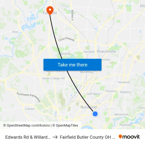 Edwards Rd & Willard Rd to Fairfield Butler County OH USA map