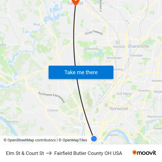 Elm St & Court St to Fairfield Butler County OH USA map