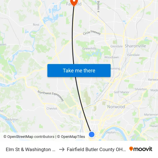 Elm St & Washington Park to Fairfield Butler County OH USA map