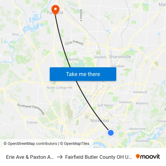 Erie Ave & Paxton Ave to Fairfield Butler County OH USA map