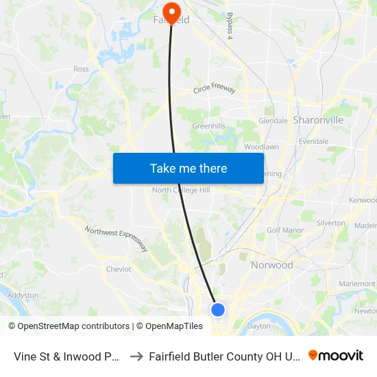 Vine St & Inwood Park to Fairfield Butler County OH USA map