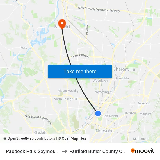 Paddock Rd & Seymour Ave to Fairfield Butler County OH USA map