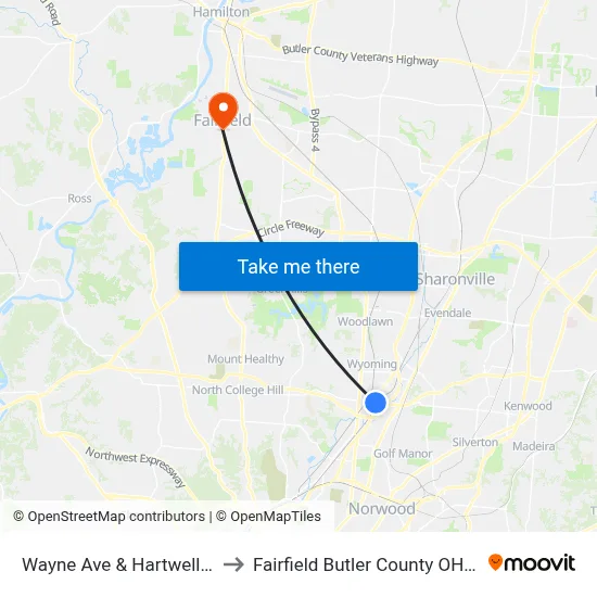 Wayne Ave & Hartwell Ave to Fairfield Butler County OH USA map
