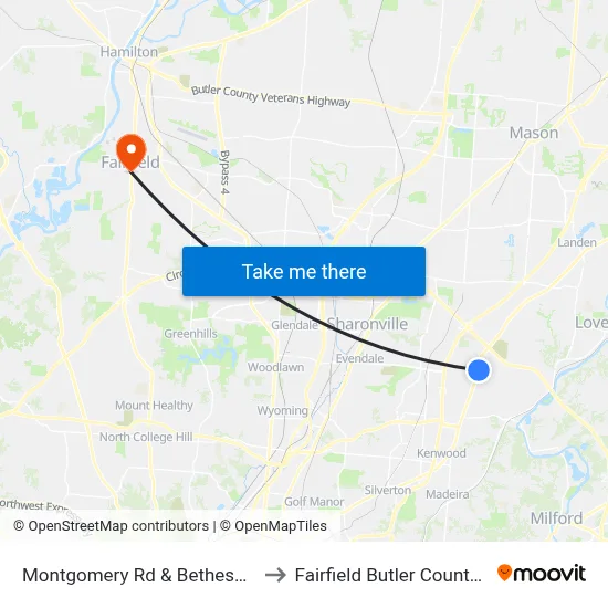 Montgomery Rd & Bethesda Hospital to Fairfield Butler County OH USA map