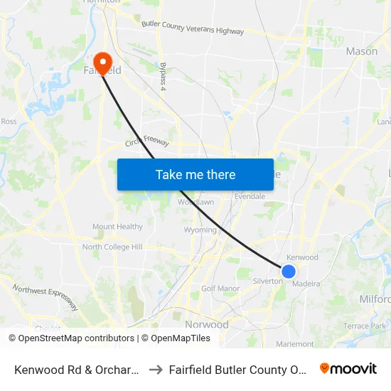 Kenwood Rd & Orchard Ave to Fairfield Butler County OH USA map