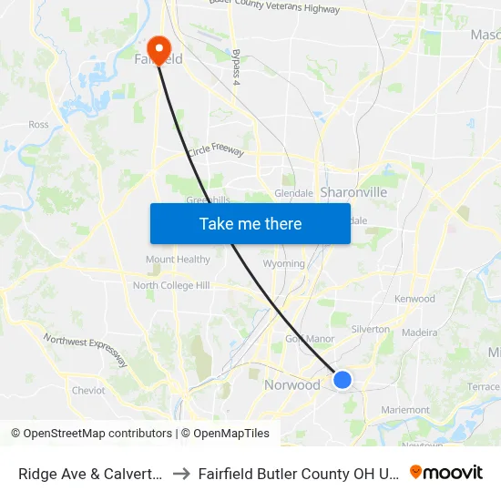 Ridge Ave & Calvert St to Fairfield Butler County OH USA map