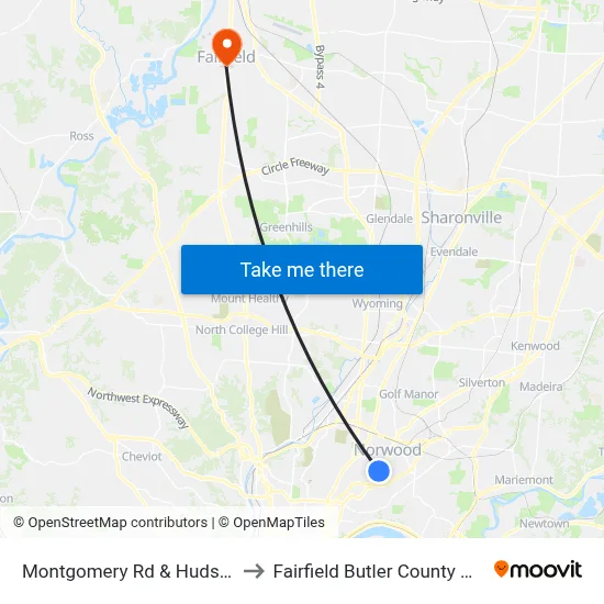 Montgomery Rd & Hudson Ave to Fairfield Butler County OH USA map