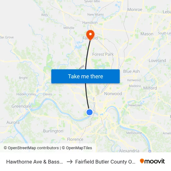 Hawthorne Ave & Bassett Rd to Fairfield Butler County OH USA map