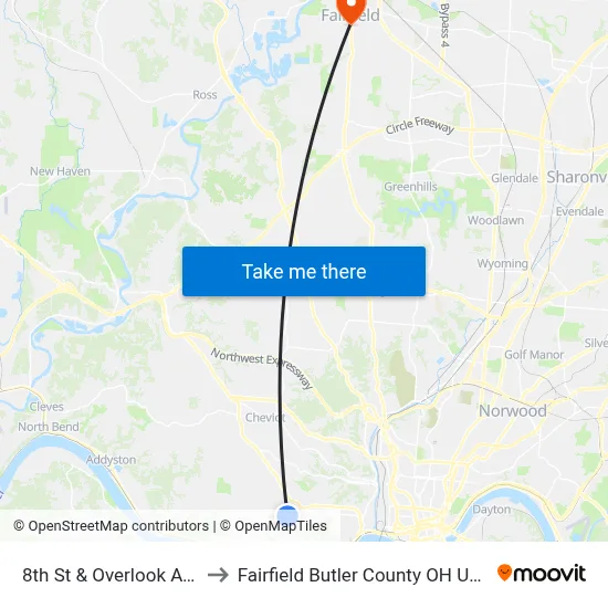 8th St & Overlook Ave to Fairfield Butler County OH USA map