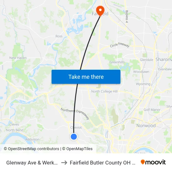 Glenway Ave & Werk Rd to Fairfield Butler County OH USA map