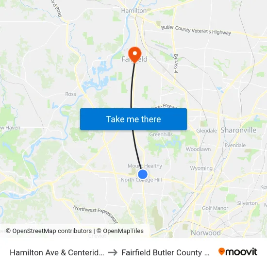 Hamilton Ave & Centeridge Ave to Fairfield Butler County OH USA map