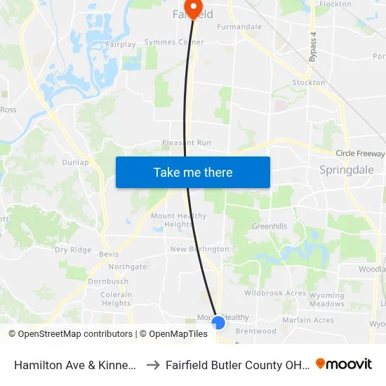 Hamilton Ave & Kinney Ave to Fairfield Butler County OH USA map