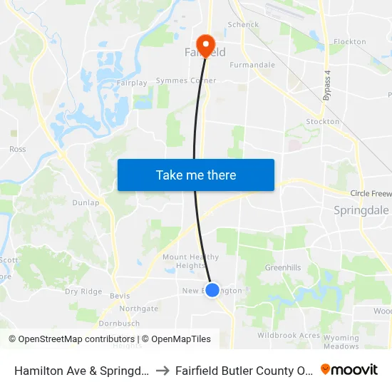 Hamilton Ave & Springdale Rd to Fairfield Butler County OH USA map