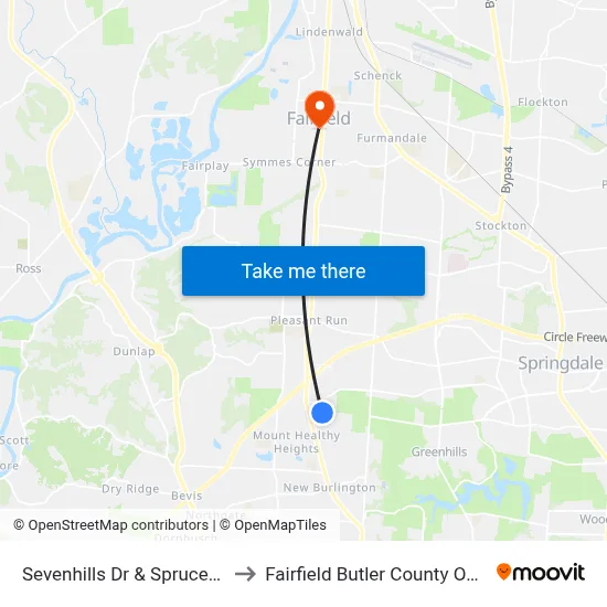 Sevenhills Dr & Sprucehill Dr to Fairfield Butler County OH USA map