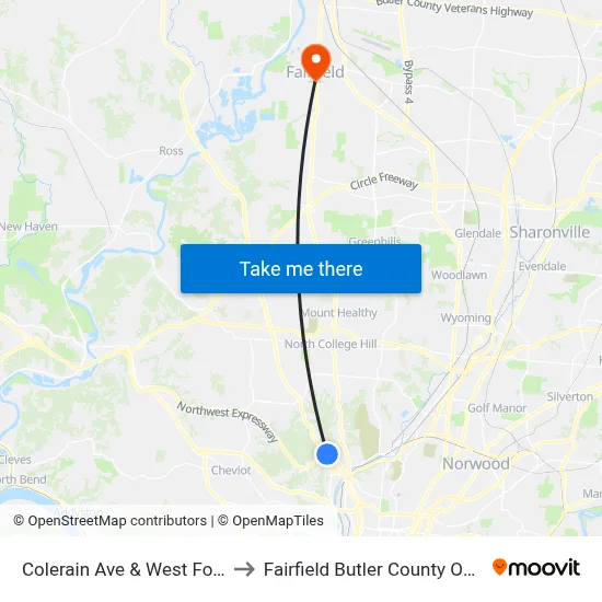 Colerain Ave & West Fork Rd to Fairfield Butler County OH USA map