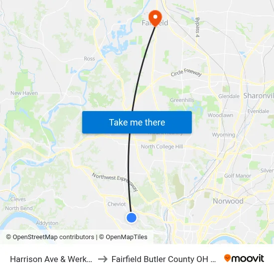 Harrison Ave & Werk Rd to Fairfield Butler County OH USA map