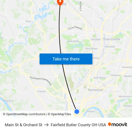 Main St & Orchard St to Fairfield Butler County OH USA map