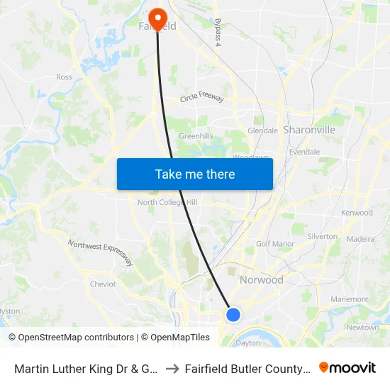 Martin Luther King Dr & Gilbert Ave to Fairfield Butler County OH USA map