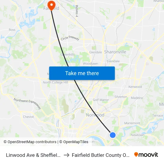 Linwood Ave & Sheffield Ave to Fairfield Butler County OH USA map