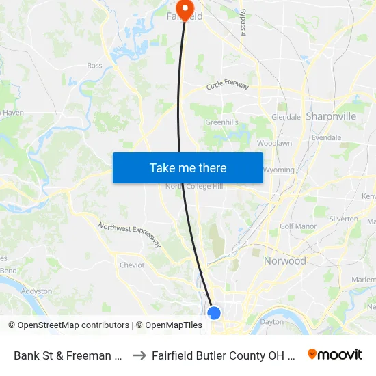 Bank St & Freeman Ave to Fairfield Butler County OH USA map