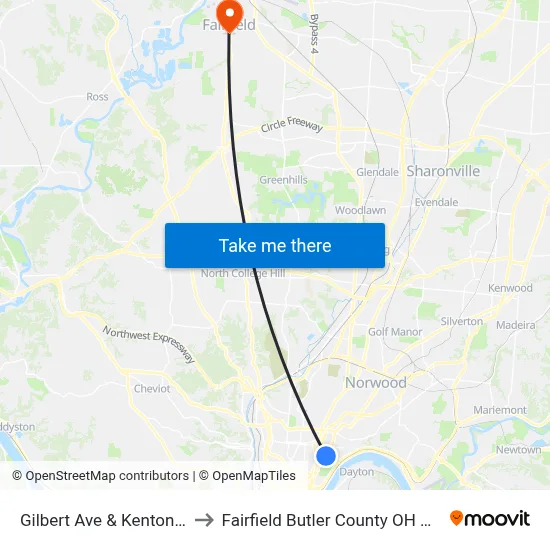 Gilbert Ave & Kenton St to Fairfield Butler County OH USA map