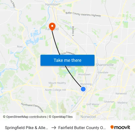 Springfield Pike & Allen Ave to Fairfield Butler County OH USA map