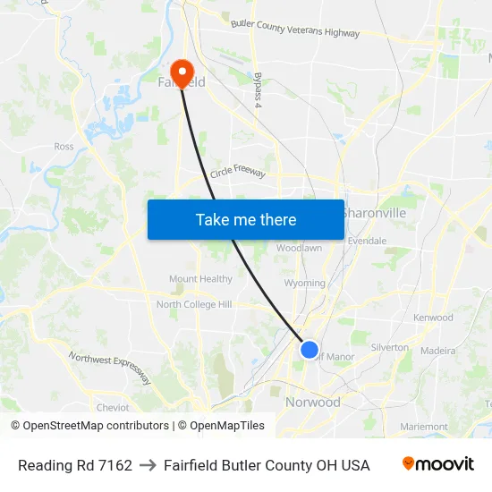 Reading Rd 7162 to Fairfield Butler County OH USA map
