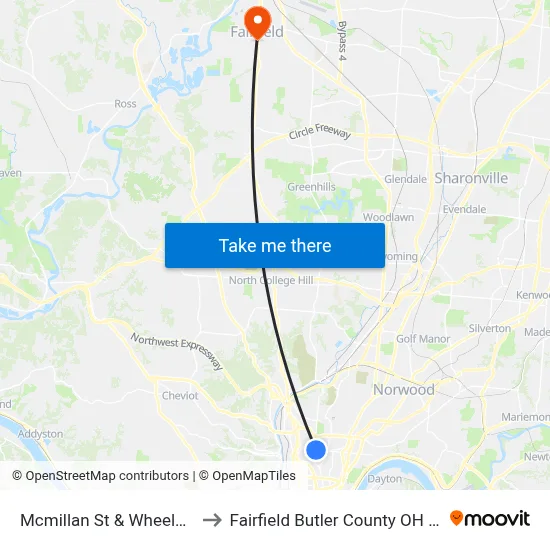 Mcmillan St & Wheeler St to Fairfield Butler County OH USA map