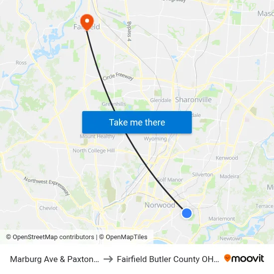 Marburg Ave & Paxton Ave to Fairfield Butler County OH USA map
