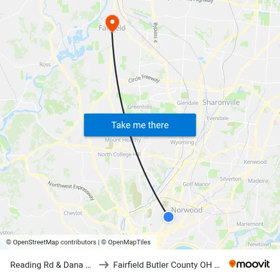 Reading Rd & Dana Ave to Fairfield Butler County OH USA map