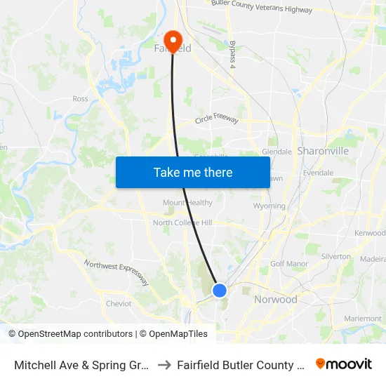 Mitchell Ave & Spring Grove Ave to Fairfield Butler County OH USA map