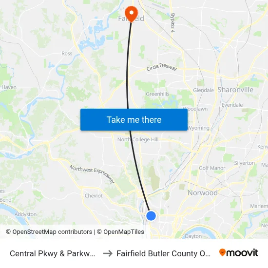 Central Pkwy & Parkway Inn to Fairfield Butler County OH USA map