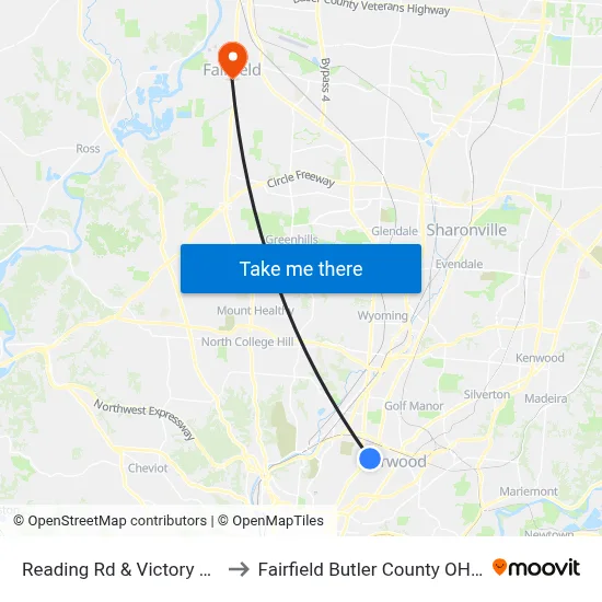 Reading Rd & Victory Pkwy to Fairfield Butler County OH USA map