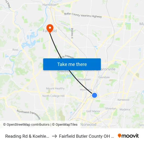 Reading Rd & Koehler St to Fairfield Butler County OH USA map