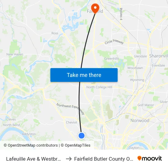 Lafeuille Ave & Westbrook Dr to Fairfield Butler County OH USA map