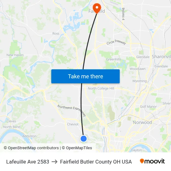 Lafeuille Ave 2583 to Fairfield Butler County OH USA map