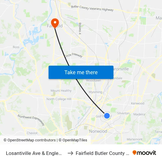 Losantiville Ave & Englewood Ave to Fairfield Butler County OH USA map
