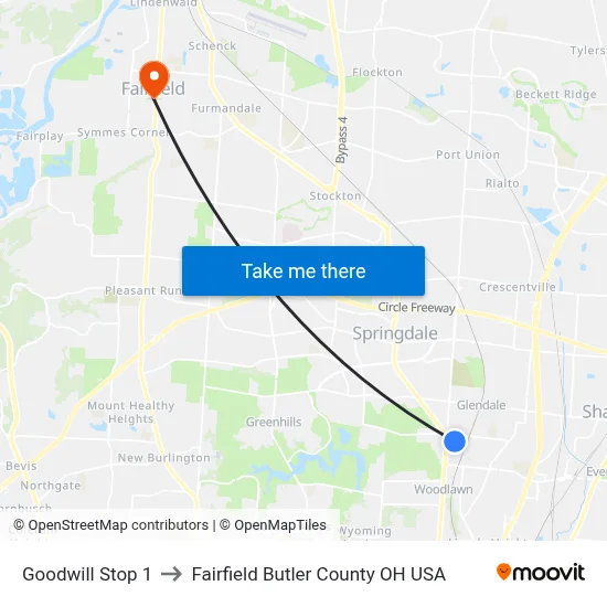 Goodwill Stop 1 to Fairfield Butler County OH USA map