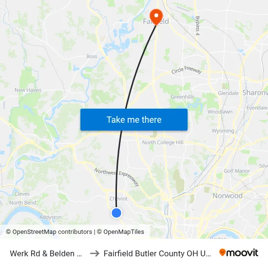 Werk Rd & Belden Cir to Fairfield Butler County OH USA map