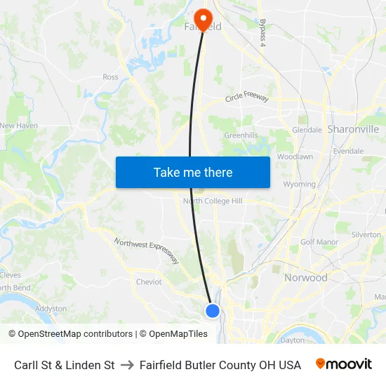Carll St & Linden St to Fairfield Butler County OH USA map